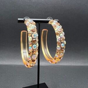 Chunky Lucite Hoop Earrings Acrylic Resin AB Rhinestone Large 2" Night Out